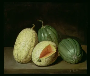 Nature morte avec des melons sur un rebord